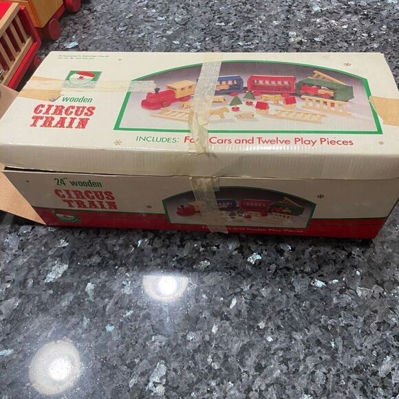 Kurt S. Adler 24” Wooden Circus Train Set – 4 Cars, 12 Play Pieces – Vintage Hol - Picture 2 of 12